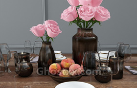餐具，餐桌上的花瓶，水果，果盘，酒杯，刀叉，碗碟，蜡烛模型