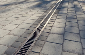 Paving slabs and storm grate