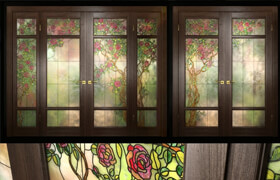 A set of two double doors with stained glass